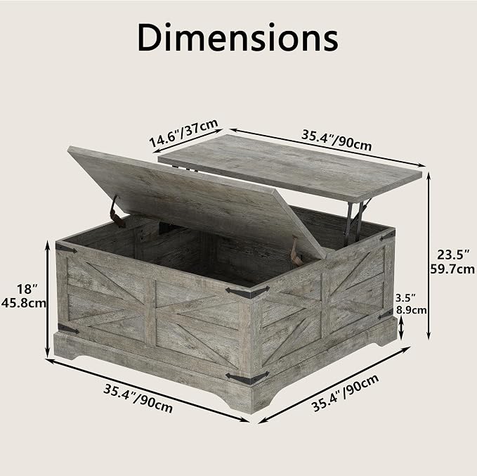 Furnideco 35.5''W Square Coffee Table Farmhouse Lift top Coffee Table - Image 2