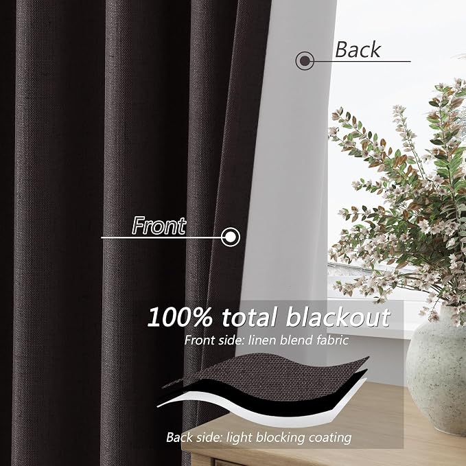 Guken Cocoa Coffee 100% Blackout Linen Curtains 120 Inch Length 2 Panels Set - Image 4