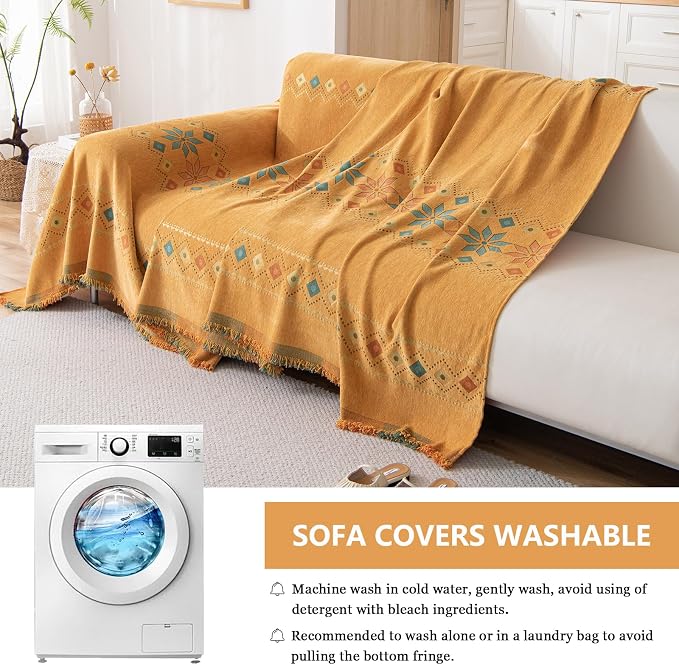 DREAMINGO Orange Boho Sofa Cover Chenille Couch Cover Blanket Vintage Bohemian - Image 6