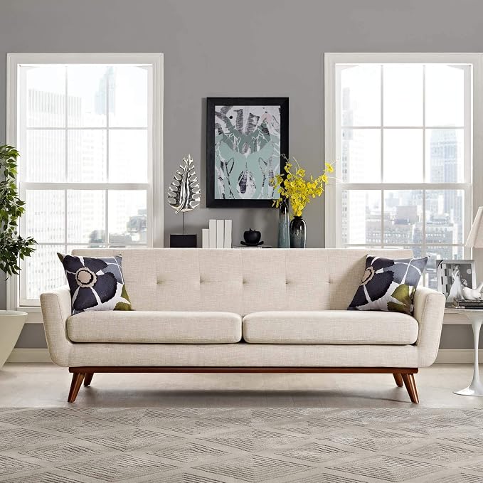 Modway Engage Mid-Century Modern Upholstered Fabric Sofa in Beige - Image 2