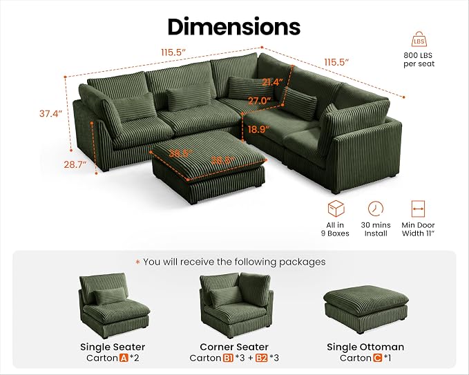 115" Oversized Corduroy Couch Modular Sectional Sofa, Washable Cloud Couch - Image 2