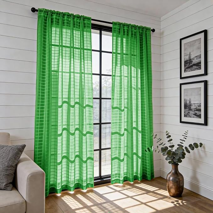 SpaceDresser Check Sheer Curtains 108 Inches 2 Panels Set, Rod Pocket Plaid - Image 4