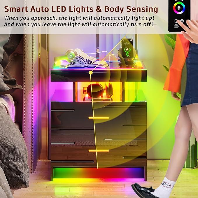 WOOVIVS Nightstand with 24 Colorful Lighst, LED Night Stand with - Image 6