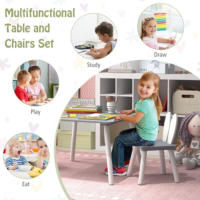 Costzon Kids Table and Chair Set, 3 Pieces Wooden Activity Table & 2 Rabbit - Image 7