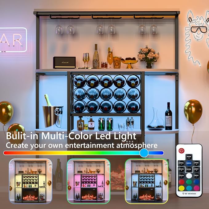 PUKAMI Bar Cabinet with Fireplace, Home Mini Bar Cabinet with Power Outlet and - Image 3