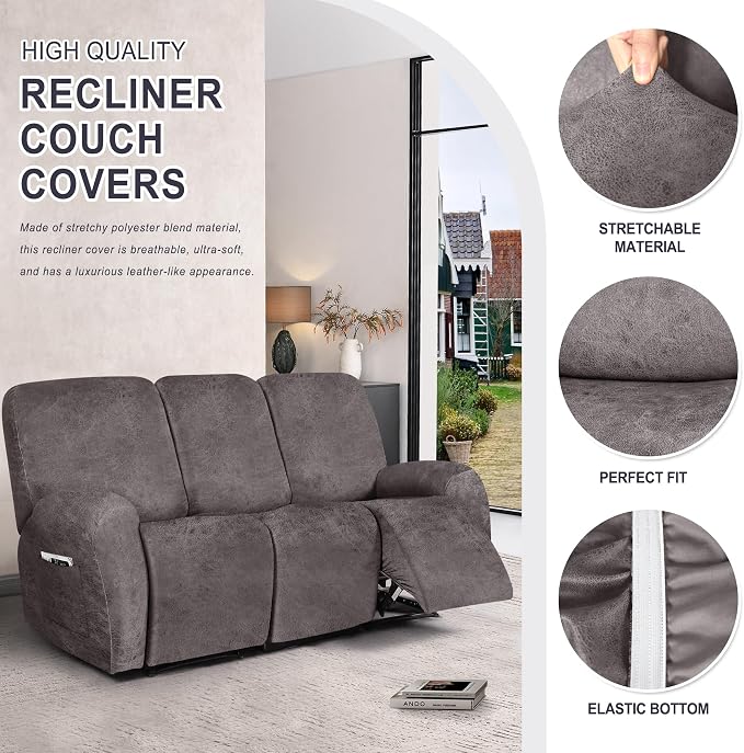 ANARACHON Leather Look Recliner Couch Cover, 8-Pieces Stretch Recliner Sofa - Image 4