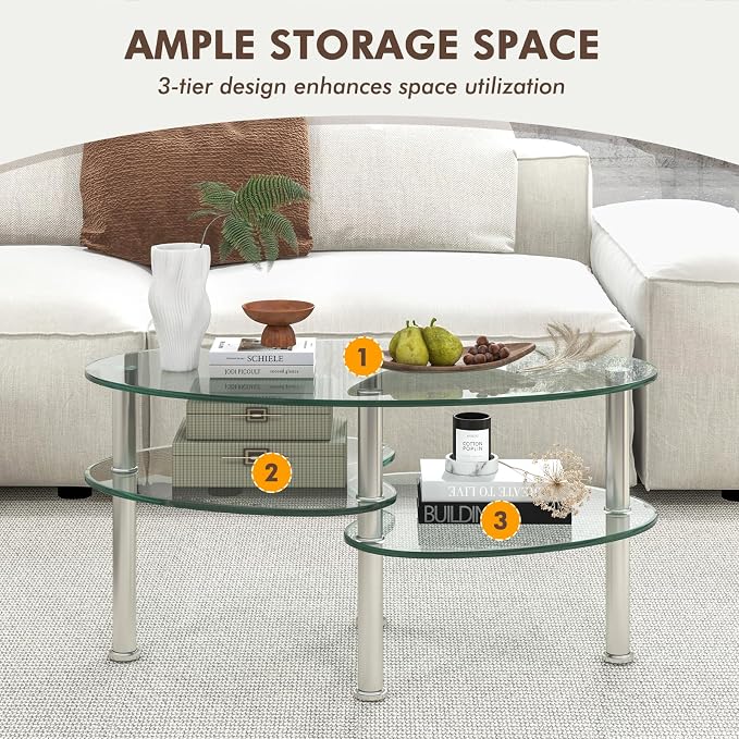 Tangkula Glass Coffee Table, Modern Furniture Decor 2-Tier Modern Oval Smooth - Image 7