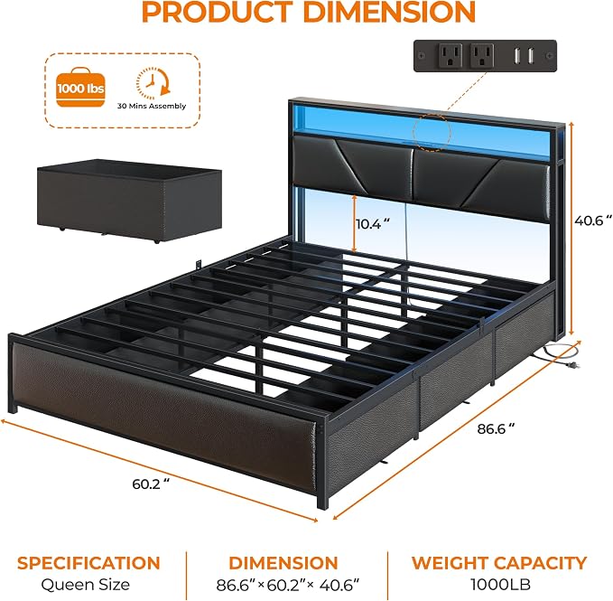 OURPIC Queen Bed Frame, 2-Tier Storage Headboard & 6 Fabric Drawers, PU Leather - Image 2
