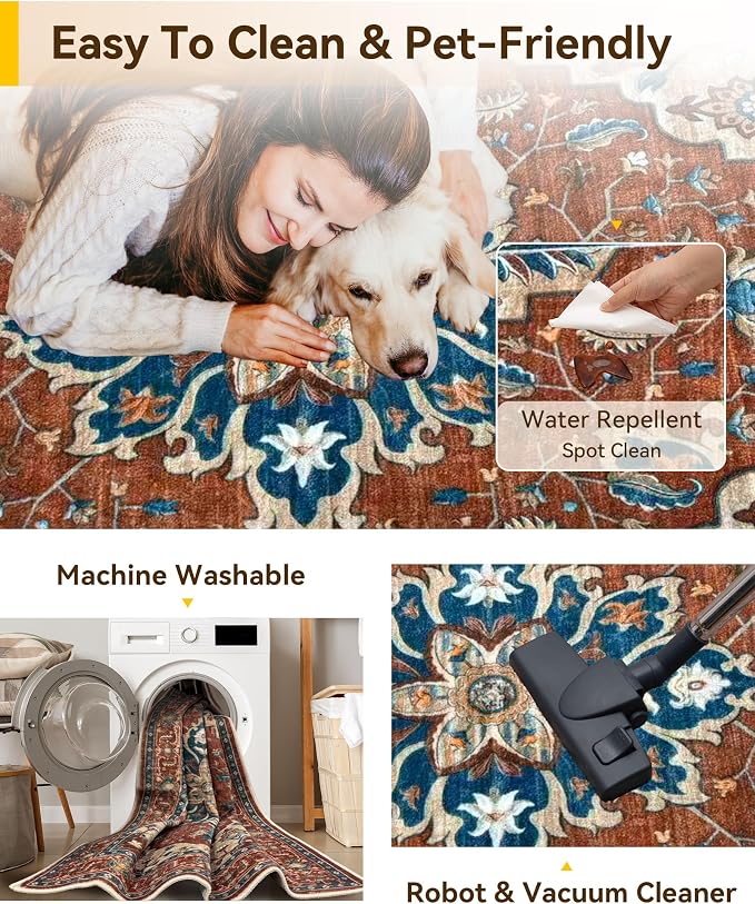 Area Rugs 3'x5' Washable Non-Slip, Floral Vintage Distress Print Pattern - Image 4
