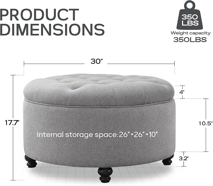 HUIMO 30-Inch Round Storage Ottoman, Modern Button Tufted Coffee Table - Image 2