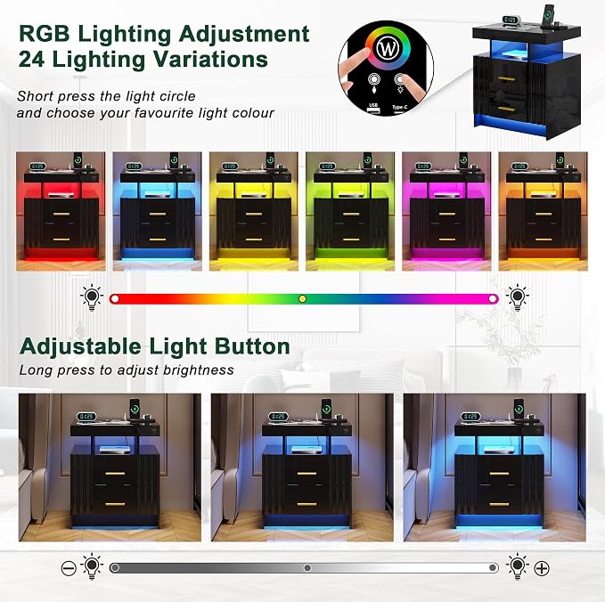 Nightstand with Wireless Charging Station, Bedroom Bedside Table with RGB Lights - Image 4