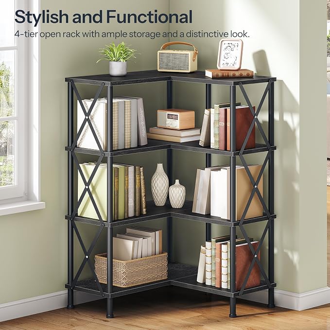 HOOBRO Corner Bookshelf, 4-Tier L-Shaped Bookcase, Industrial Open Display - Image 7