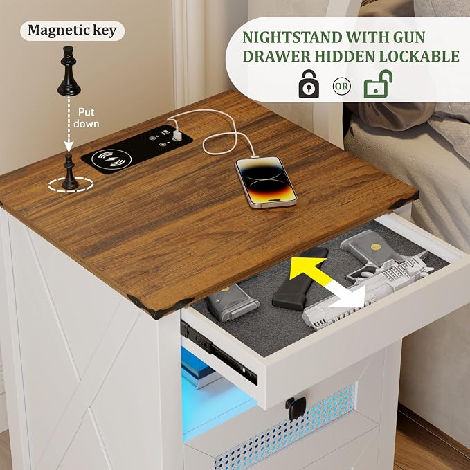 Nightstand with Gun Drawer, Rattan Bedside Table with Charging Station - Image 3