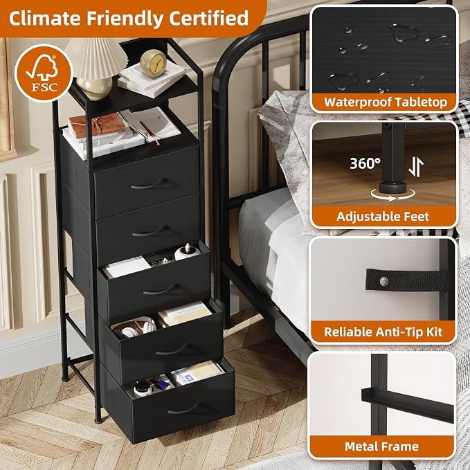 Somdot Tall Dresser for Bedroom, 5 Drawers Nightstand Vertical Storage Tower - Image 6