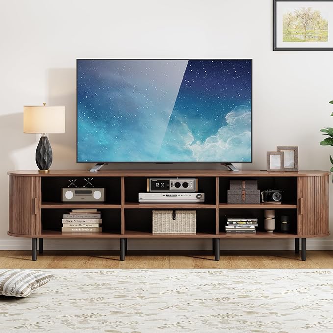 86.6" TV Stand with Power Outlet, Mid-Century Modern Television Stand, Fluted - Image 5