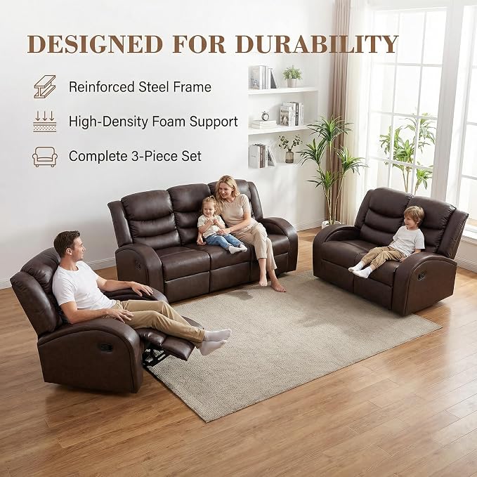 Recliner Sofa Set 3 Piece Living Room Furniture Set Couch Sectional Leather - Image 6