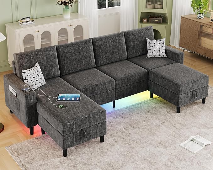 Sectional Couches for Living Room, 6-Seats Soft Linen Fabric Sectional Sofa by BULAIMEIKEEY