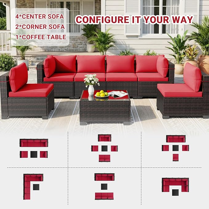 CHABATREE 7pcs Outdoor Patio Furniture Sets, Rattan Conversation Sectional Set - Image 6