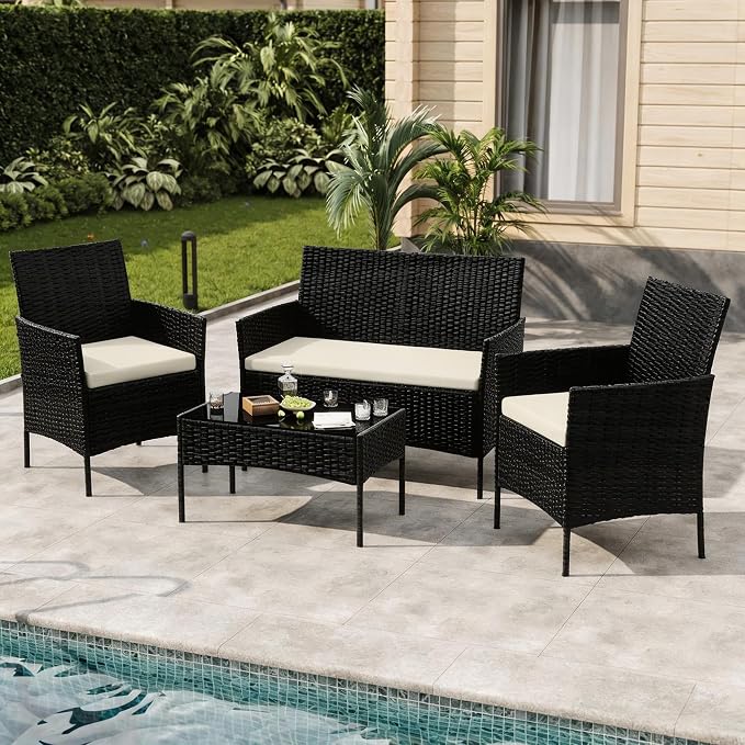 4-Piece Outdoor Furniture Set, PE Rattan Wicker Chairs by Unknown