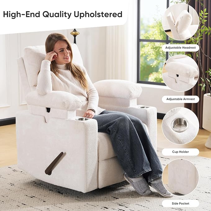 Swivel Rocker Recliner with Adjustable Armrests, Rocking Nursery Chair with - Image 6