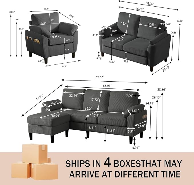 4 Piece Modern Corduroy Sofa Set, L-Shaped Sectional Couch - Image 2
