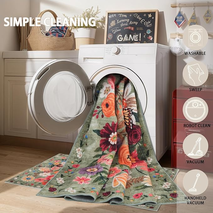Green Area Rugs 10x14 Living Room, Non Slip Machine Washable Floral Rugs - Image 4