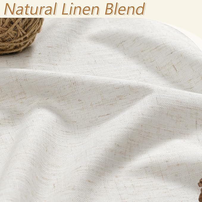 Beige White 100% Blackout Linen Curtains 84 Inch Length 2 Panels Set - Image 3