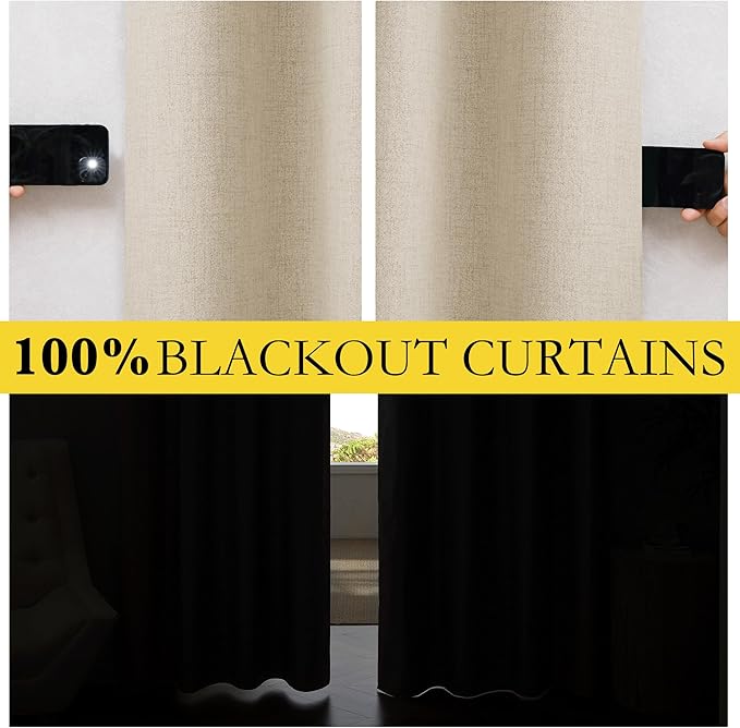 NICETOWN Cream 100% Blackout Linen Curtains 84 inch Long Burg - Image 2