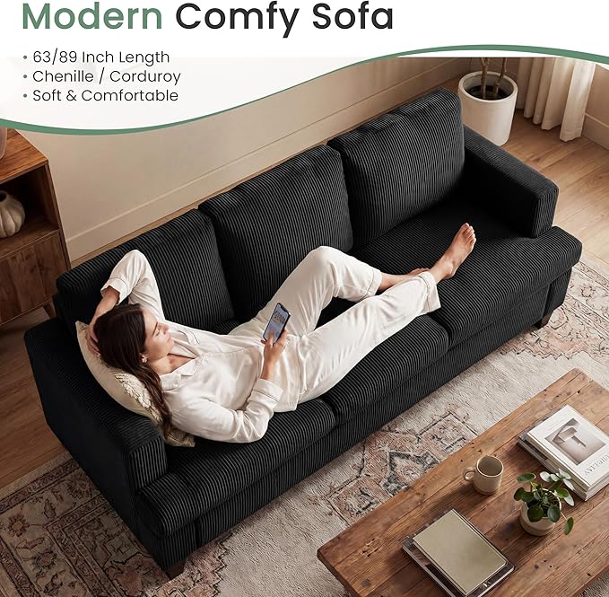3 Seater Corduroy Couch for Living Room, 89” Black Cloud Sofa, Deep Seat Floor - Image 5