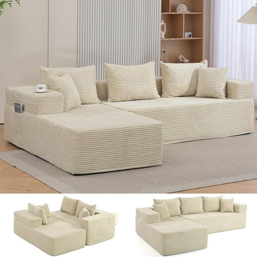 105'' Modular L-Shaped Boneless Sectional, Corduroy Deep Seat Cloud Sectional by WENTUM