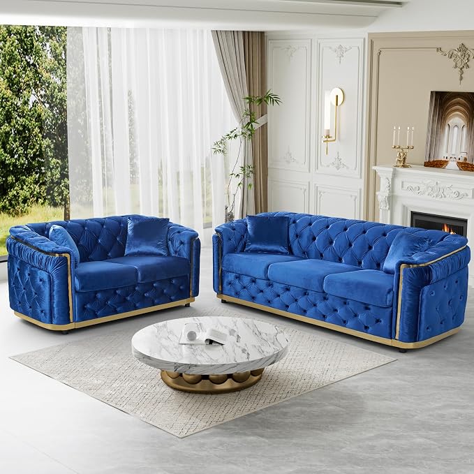 DAMAIFROM Velvet Couch Blue and Gold Sofa Luxury Loveseat 84.6" Mid Century - Image 5
