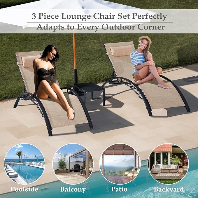 EROMMY Outdoor Chaise Lounge Set of 3, Reclining Patio Chairs - Image 7