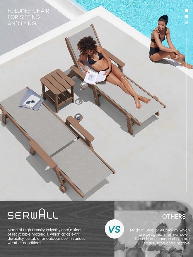 SERWALL Textilene Patio Chaise Lounge Chair, 5 Positions Adjustable Outdoor - Image 5