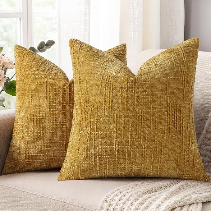 decorUhome Summer Mustard Yellow Chenille Throw Pillow Covers 18x18 Set of 2 by decorUhome