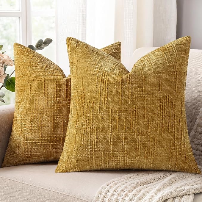 decorUhome Summer Mustard Yellow Chenille Throw Pillow Covers 16x16 Set of 2 by decorUhome