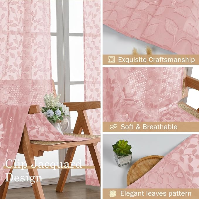 Chyhomenyc Blush Pink Sheer Curtains 63 Inch Length 2 Panels Set, Light - Image 7