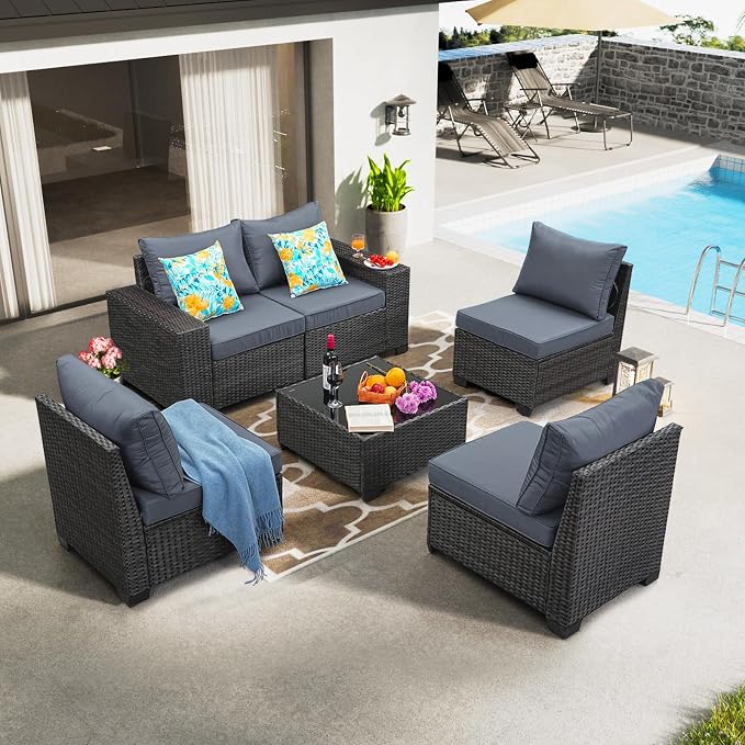 JOYURE 6 Pieces Patio Furniture Set All-Weather Outdoor Wicker Sectional - Image 8