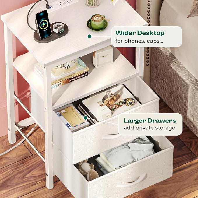 Huuger Night Stand with Charger Station and LED Lights, 2 Drawer Nightstand - Image 7