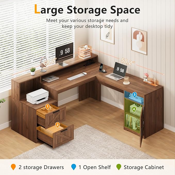YOMILUVE 63" Farmhouse L Shaped Executive Desk - Image 4