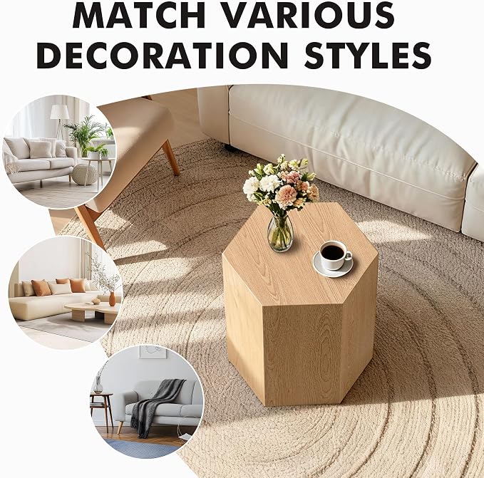 H 18.9in Hexagonal Natural Wood Side Table, Farmhouse Coffee Table - Image 8
