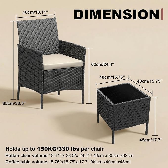 GarveeHome 3-Piece Patio Bistro Set, PE Rattan Outdoor Conversation Furniture - Image 2