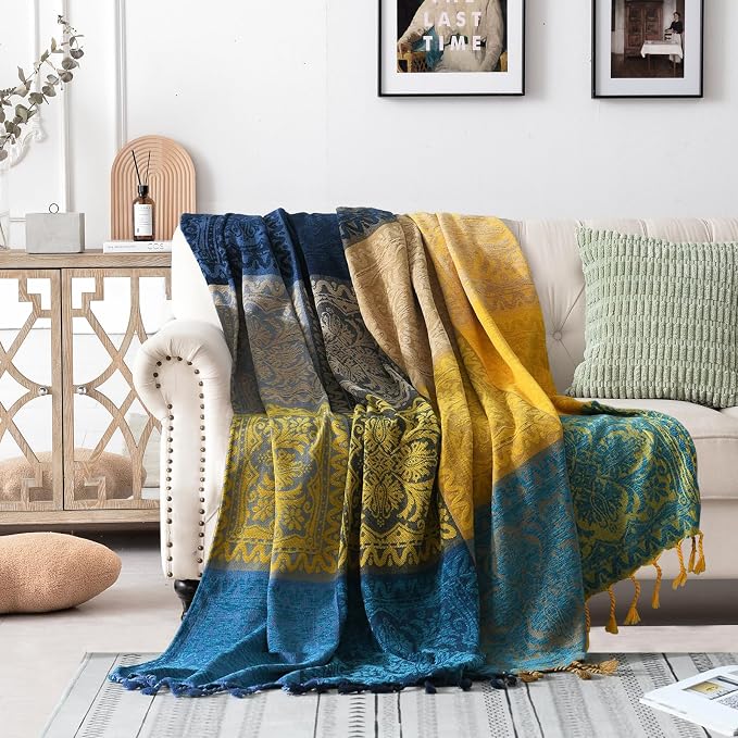 Bohemian Throw Blanket for Couch，Colorful Chenille Tassels Boho Woven Hippie - Image 5