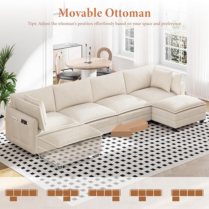 Vesgantti 143" L Shaped Modular Sectional Sofa, Comfy Corduroy Upholstered - Image 6