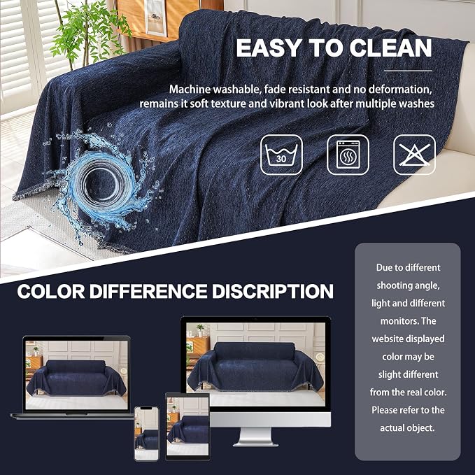 DREAMINGO Navy Blue Couch Cover Thick Chenille Couch Cover Blanket - Image 6