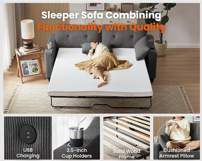 Queen Size Pull Out Sleeper Sofa Bed, 2-in-1 Convertible Corduroy Pull Out - Image 5