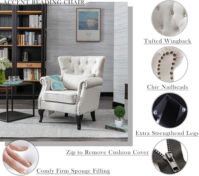 Mid Century Modern Accent Chair Upholstered Armchair Comfy Linen Fabric Single - Image 3
