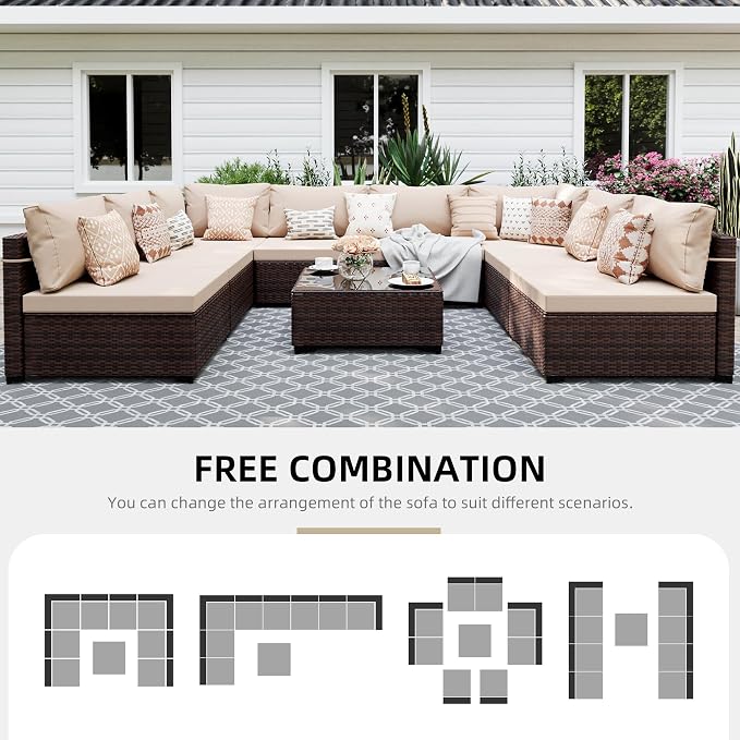 UPHA 9 Pieces Patio Furniture Sets, Wicker Outdoor Sectional Sofa Couch - Image 4