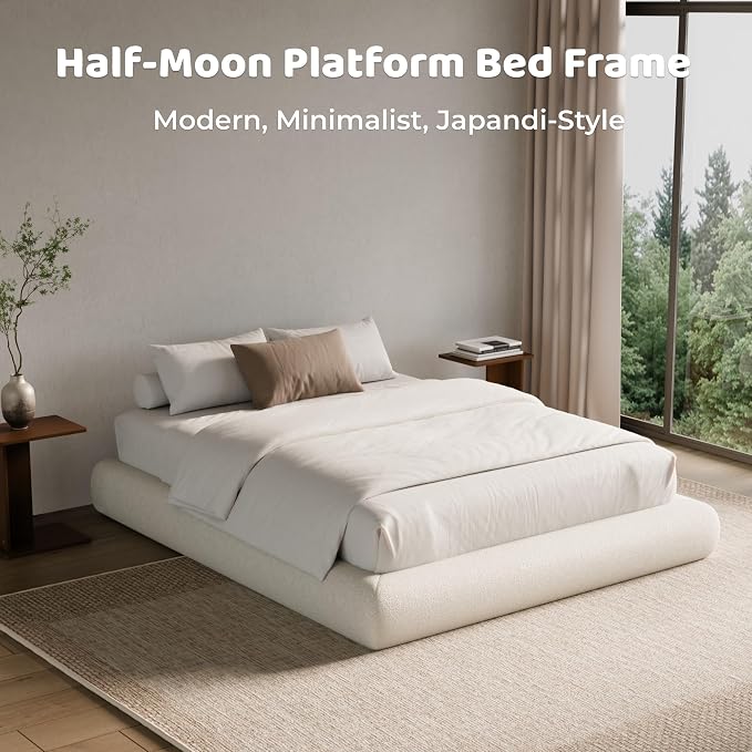 RECCI AirFrame Half-Moon Upholstered King Platform Bed Frame, Boucle Curved - Image 6