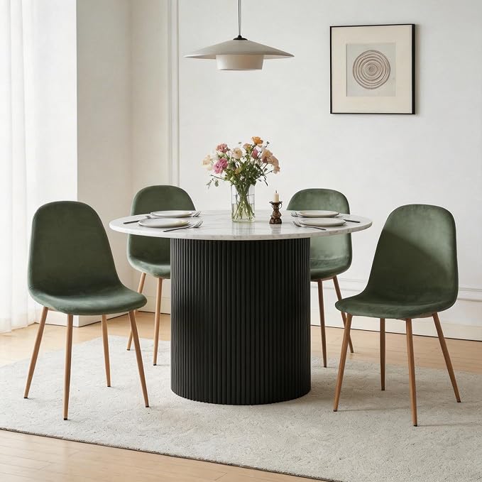 Dining Table Set for 4, Mid Century Modern 47 Inch White Marble-Look Wooden - Image 5