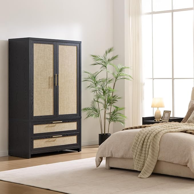 SICOTAS Rattan Armoire Wardrobe Closet Cabinet, 2 Drawers and Hanging Rod - Image 4